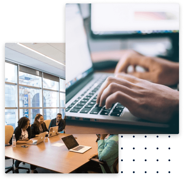 Uma composição de fotos, a primeira imagem são pessoas sentadas em uma mesa trabalhando em um projeto e a outra imagem mostra um par de mãos sobre um notebook